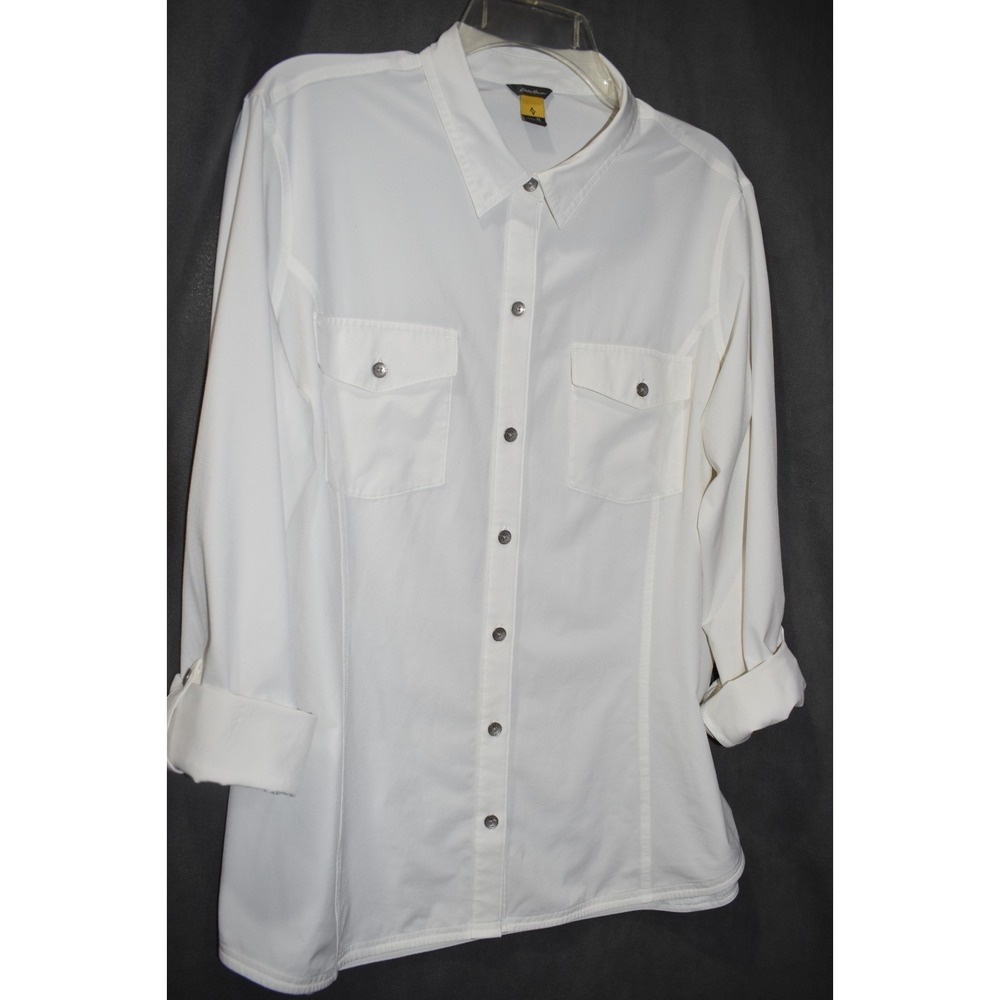 Eddie Bauer XL Women Departure Shirt Ivory Roll Tab Sleeve Button Up Stretch - Picture 10 of 16